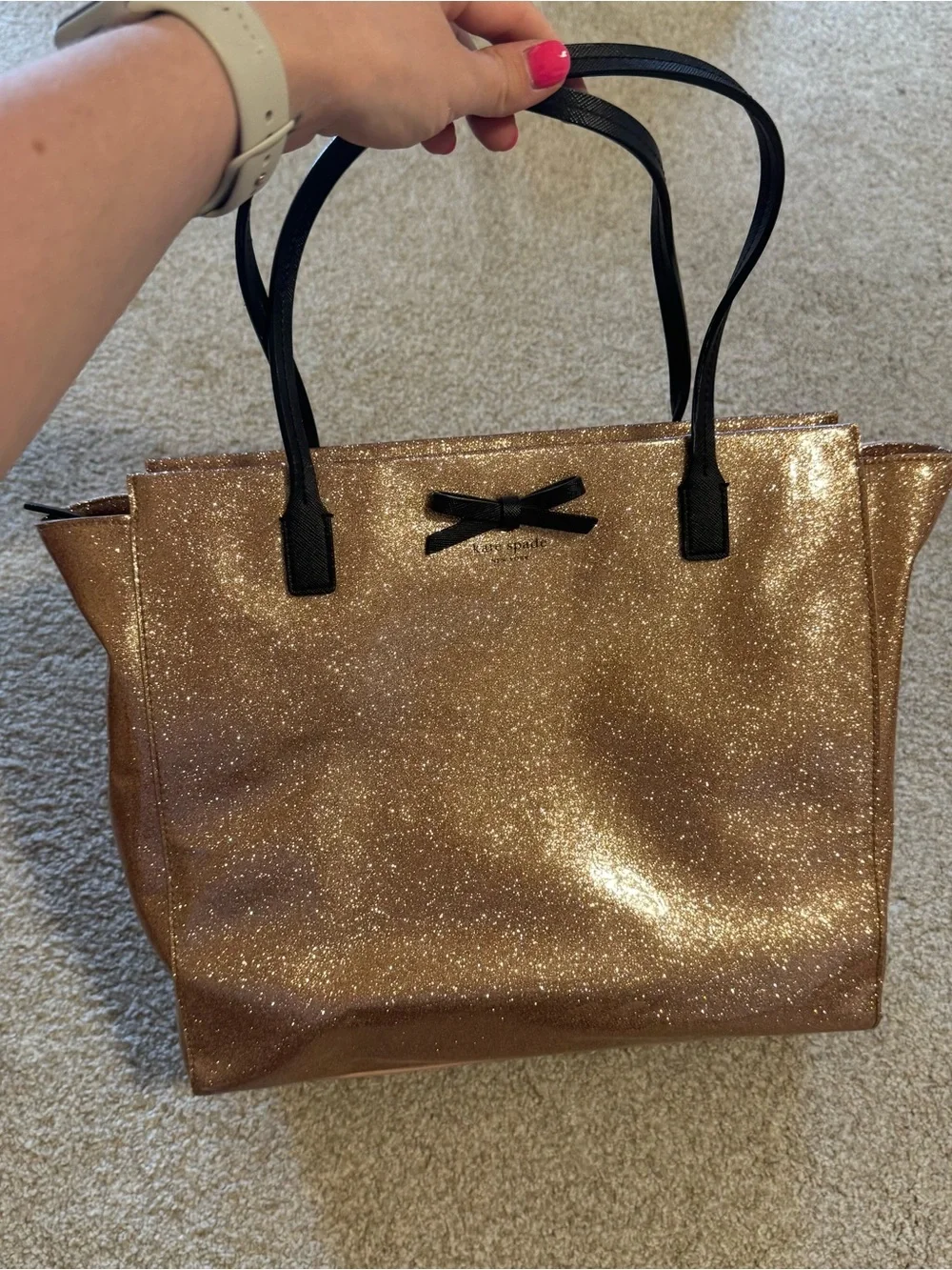 kate spade Glitter Tote in Rose Gold with Black Handles